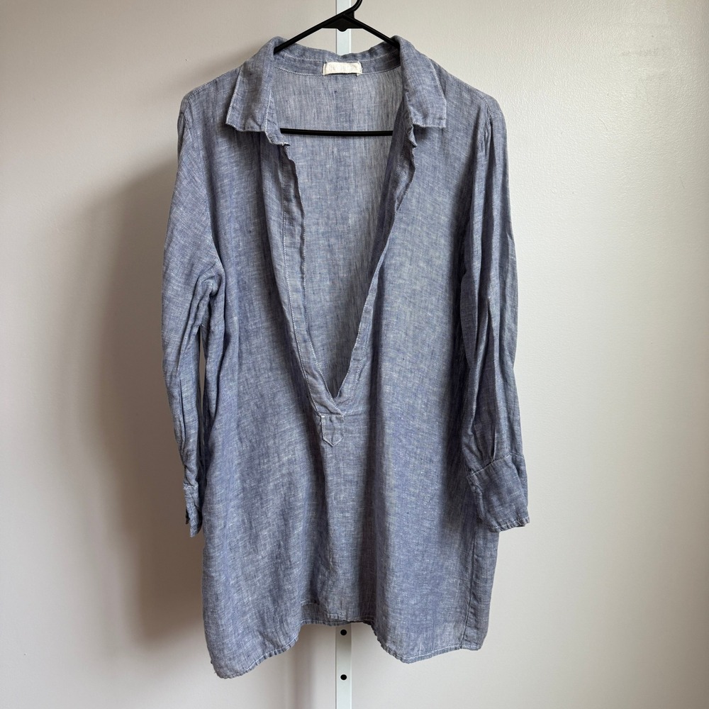 CP Shades Womens‎ Tunic Top Blue Long Sleeve 100% Linen Medium
